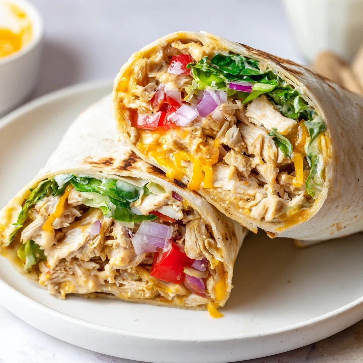 Family-style Cheesy Garlic Chicken Wraps drizzled with tangy mayo sauce, vibrant veggies