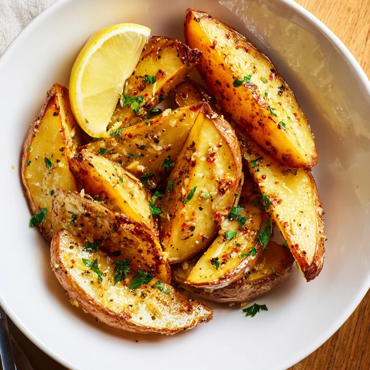 Oven-roasted and golden, Authentic Greek Lemon Potatoes Recipe served with fresh parsley