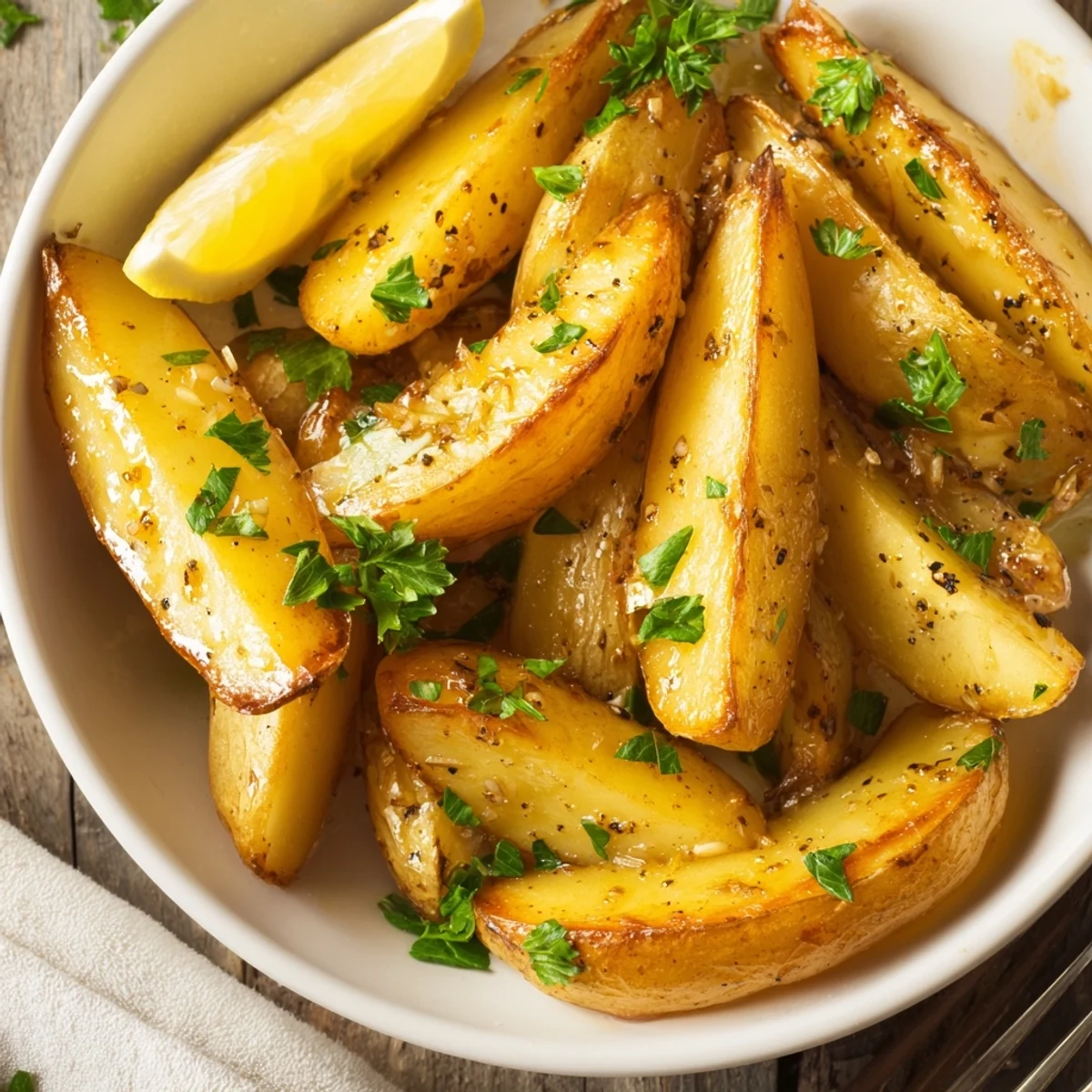 Garlic-scented wedges glistening with pan juices — Authentic Greek Lemon Potatoes Recipe for serving