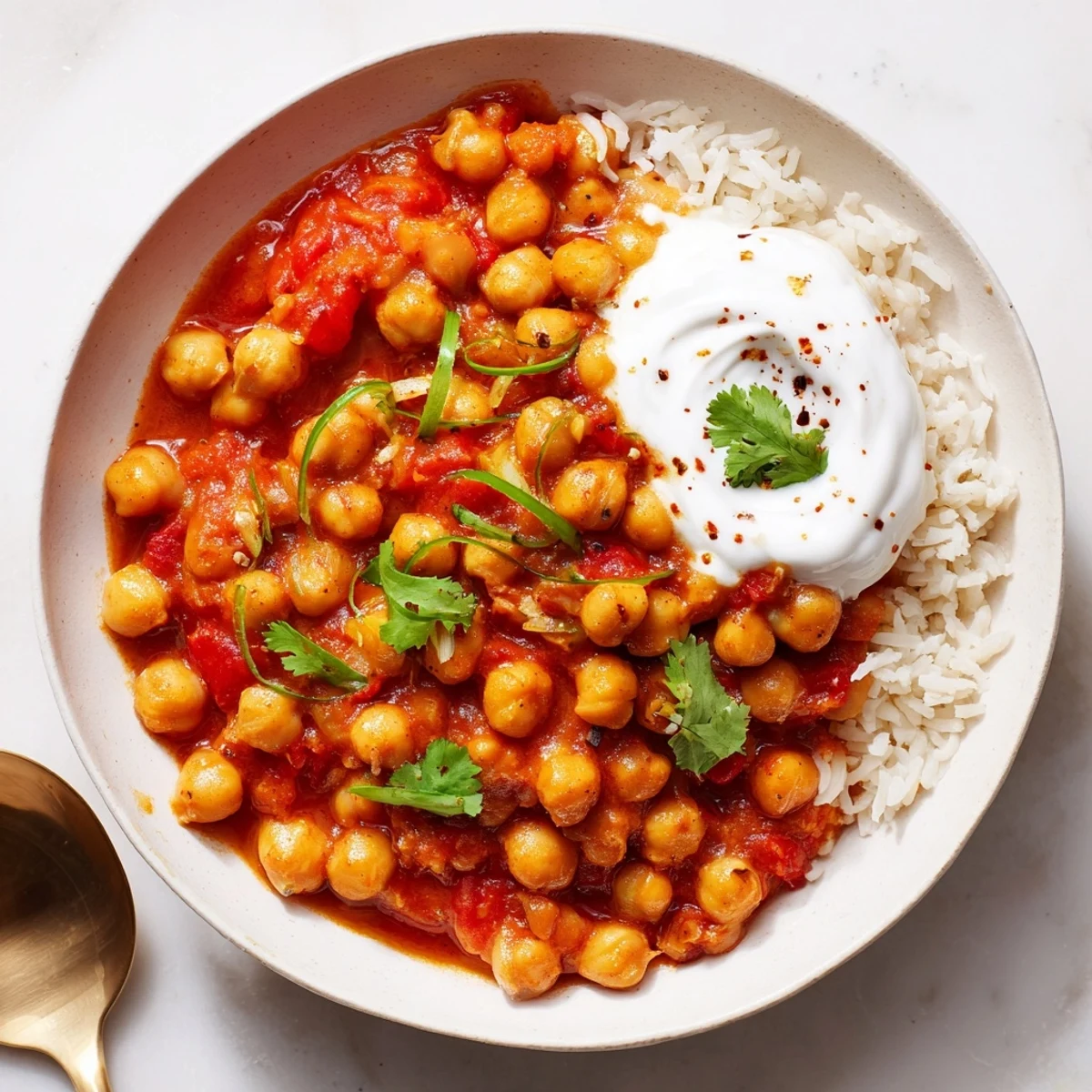 Creamy Greek Yogurt Chickpea Curry steaming in skillet, garnished with cilantro.