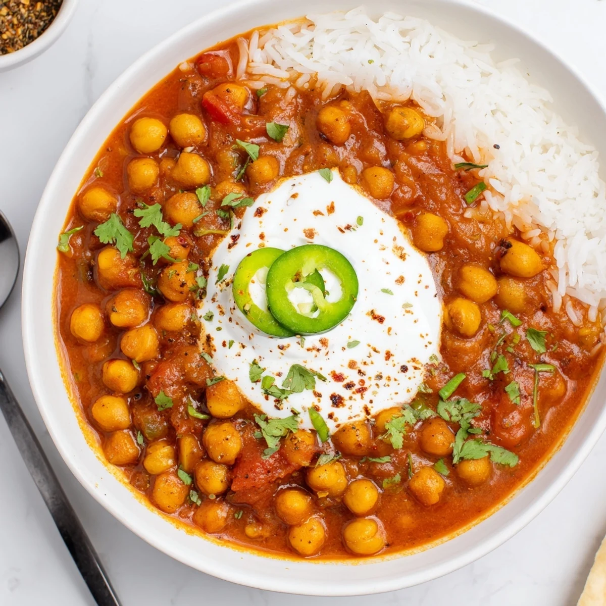 Tangy spiced tomato sauce in Greek Yogurt Chickpea Curry, creamy and fragrant.