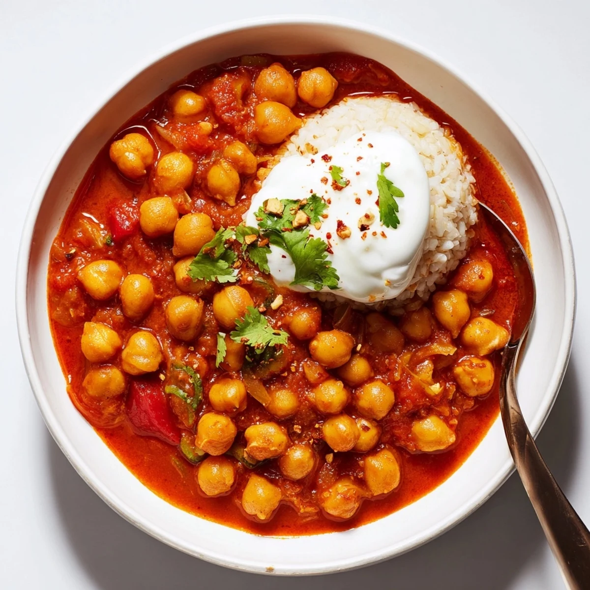 Hearty Greek Yogurt Chickpea Curry ladled over fluffy basmati rice, aromatic.