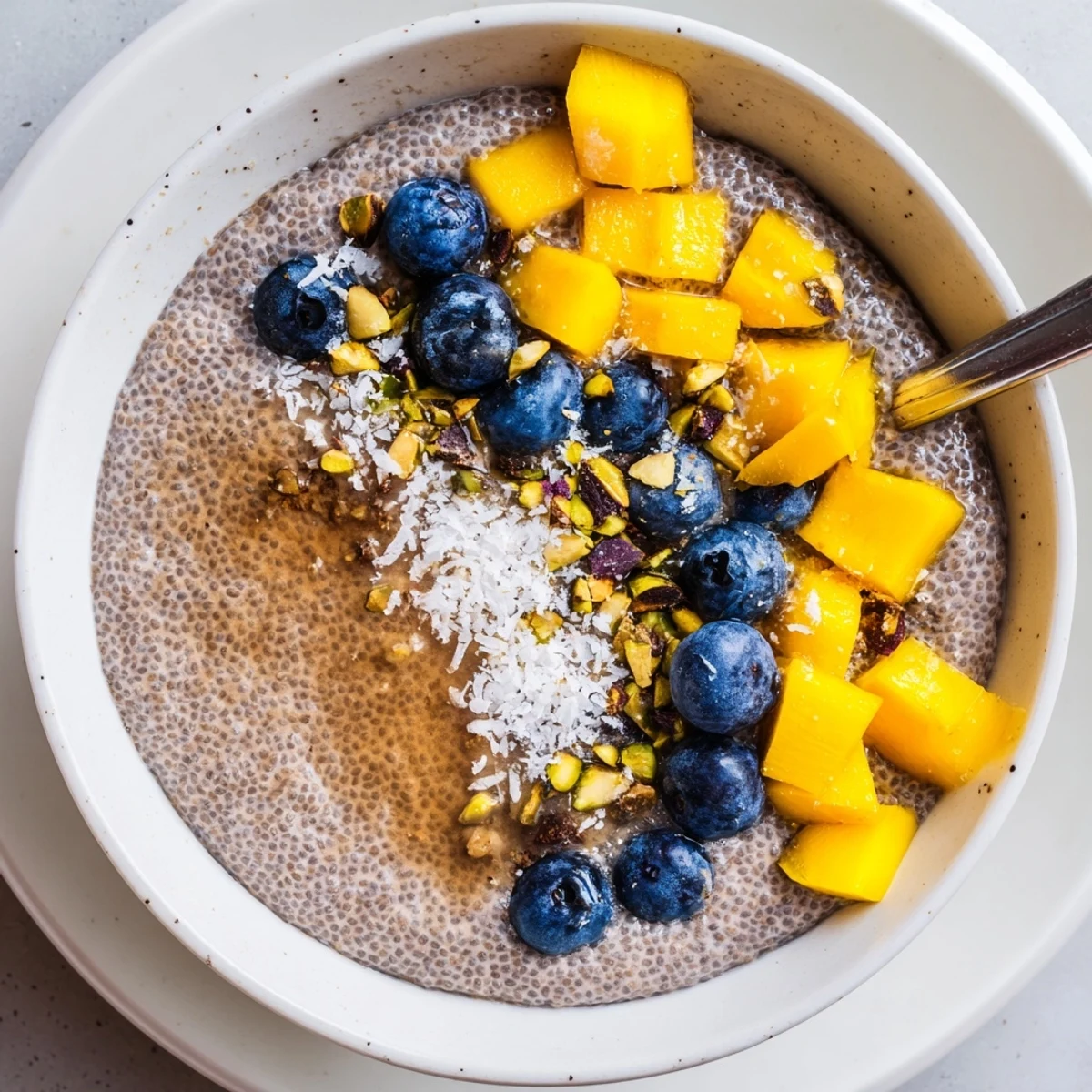 Creamy Coconut Chia Pudding topped with mango and toasted coconut flakes