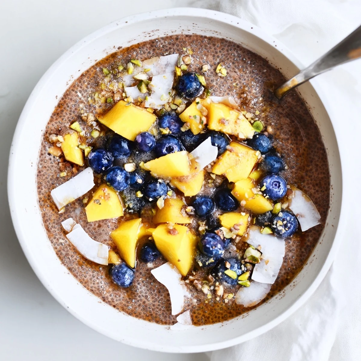 Chilled Coconut Chia Pudding spooned into glasses, bright berries and nuts
