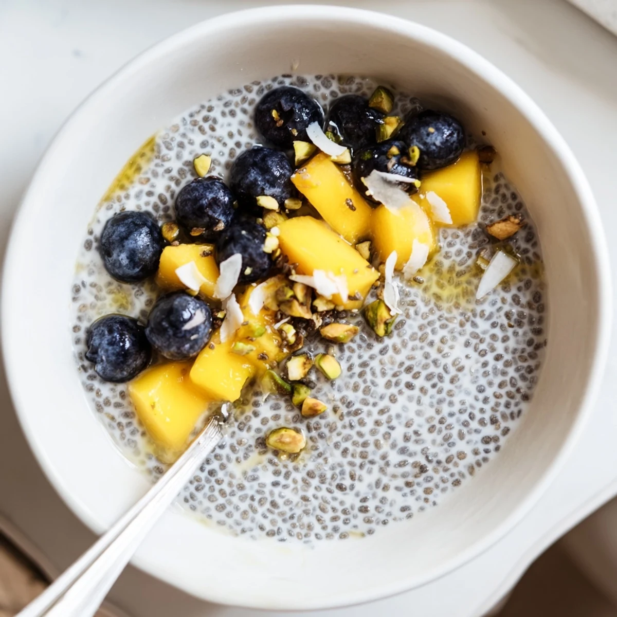 Silky Coconut Chia Pudding resting after refrigeration, garnished with kiwi slices
