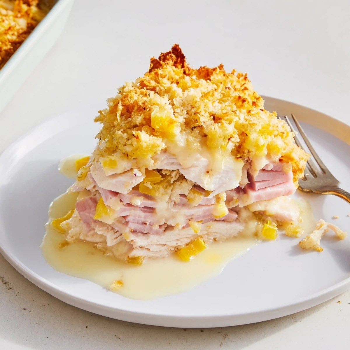 Golden bubbling Chicken Cordon Bleu Casserole Recipe with creamy Dijon sauce and melted Swiss