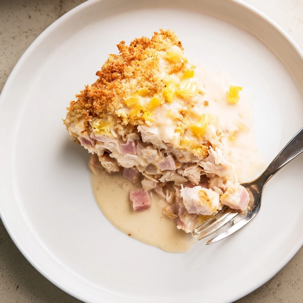 Hearty Chicken Cordon Bleu Casserole Recipe topped with crispy Panko, savory ham