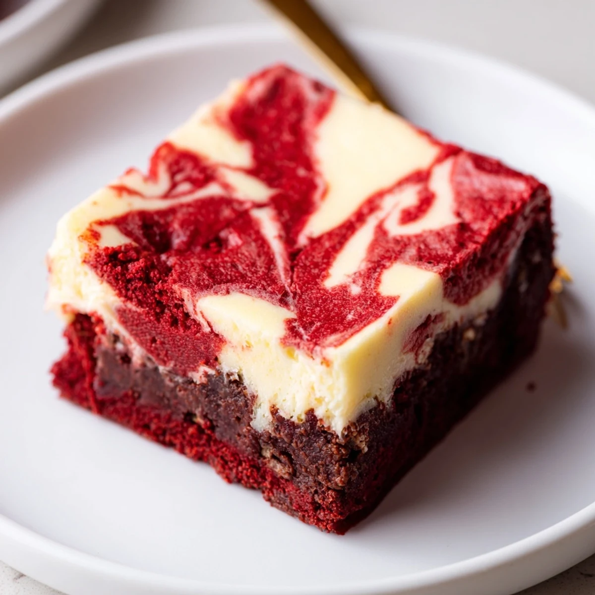 Red Velvet Brownies With Cheesecake Layer, glossy swirls, chilled slices topped with berries