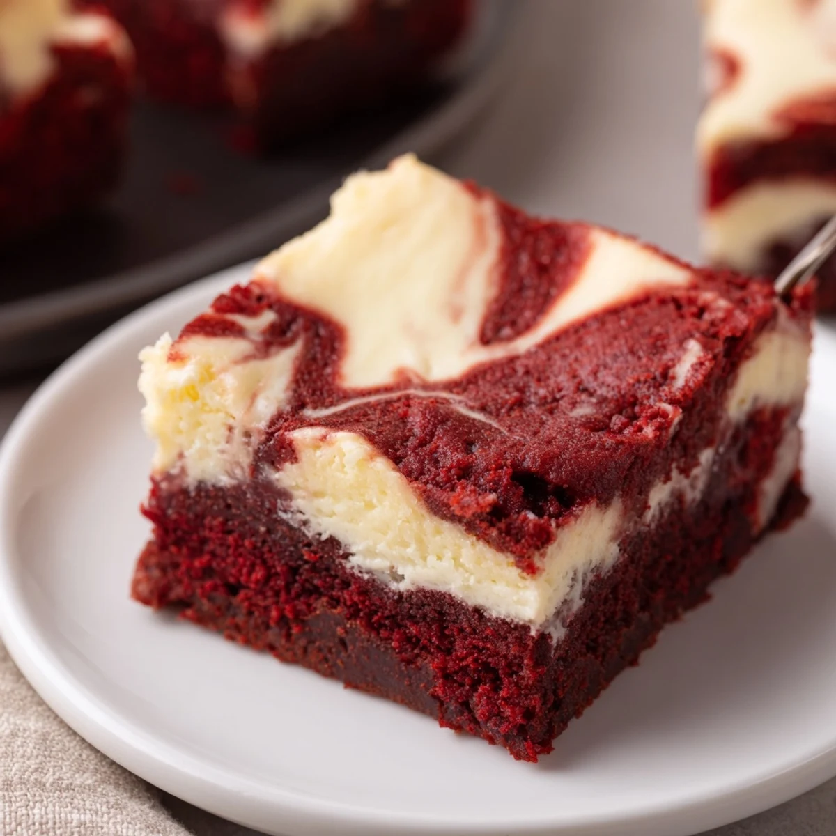 Bite showing gooey center: Red Velvet Brownies With Cheesecake Layer on parchment