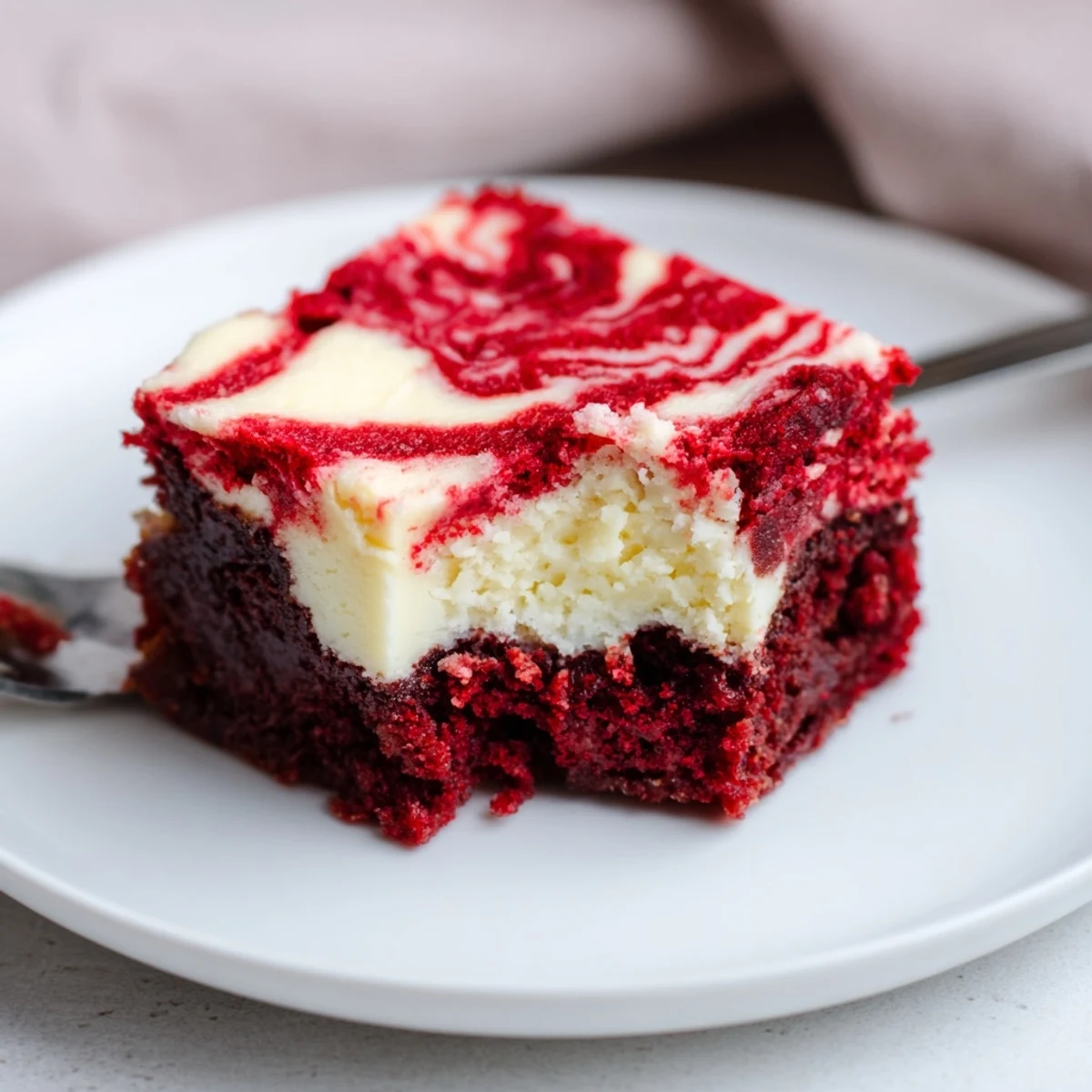 Dinner-party platter of Red Velvet Brownies With Cheesecake Layer, creamy tang, powdered sugar dust