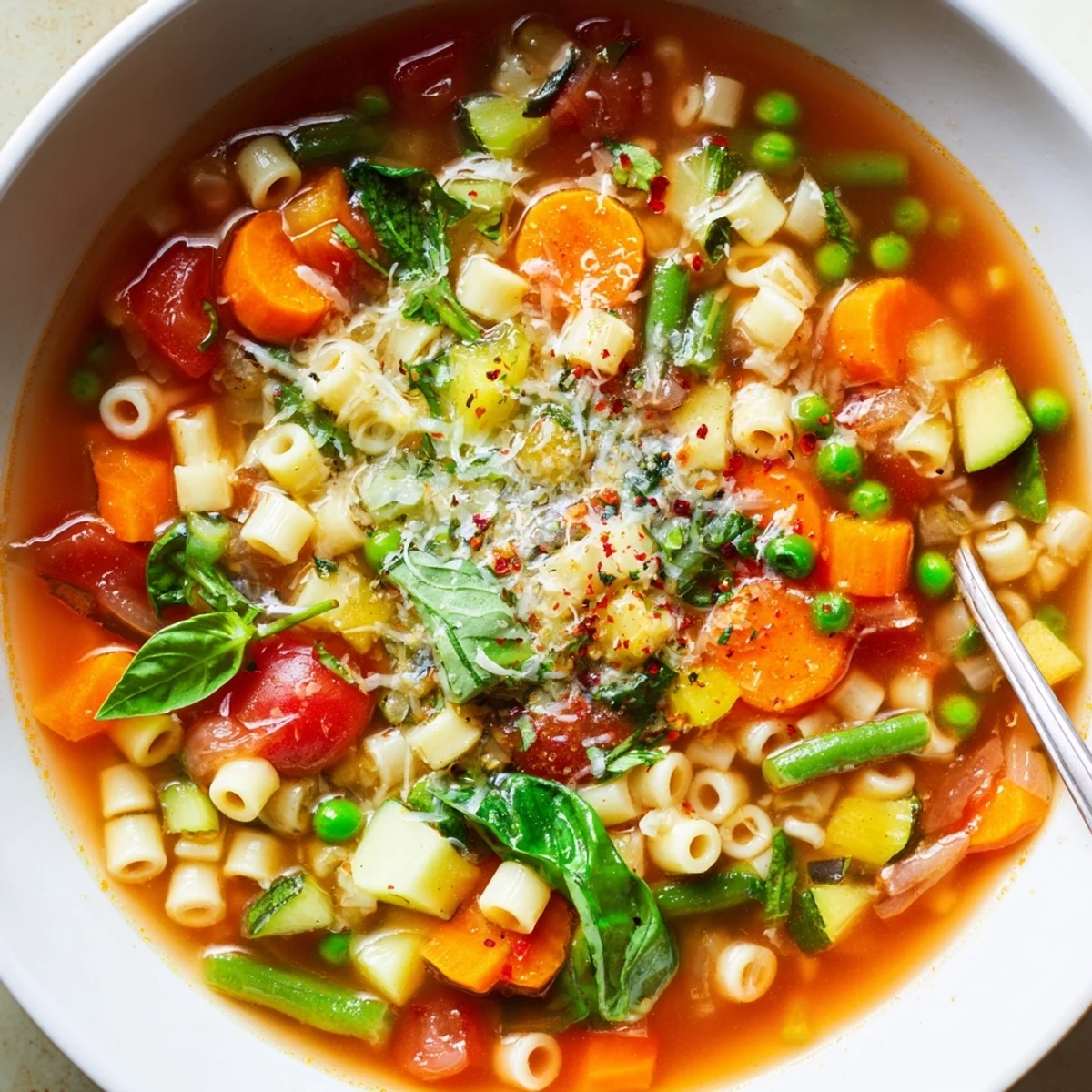 Spring Minestrone Soup Recipe steaming in bowl, vibrant vegetables and basil.  