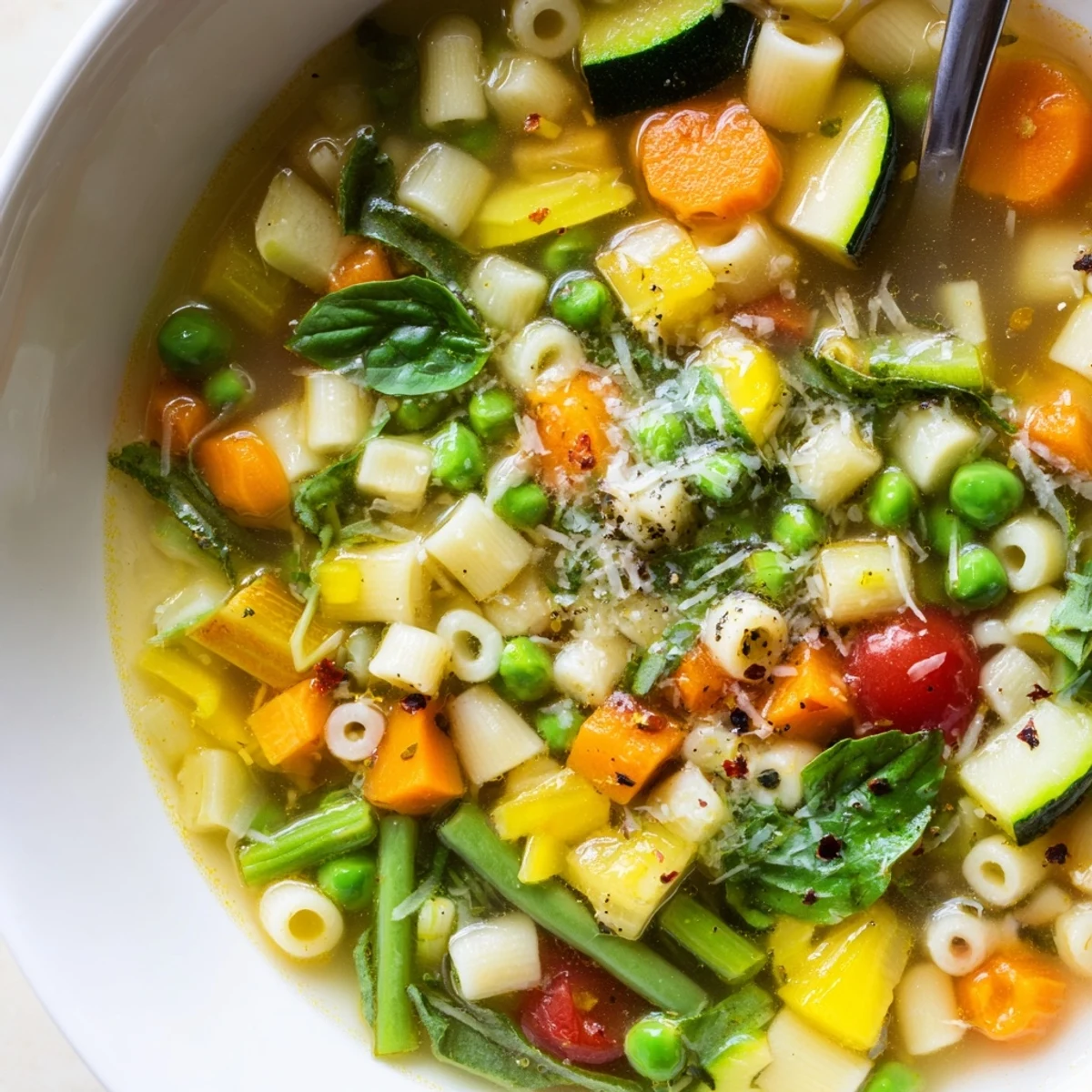 Homestyle Spring Minestrone Soup Recipe ladled into bowls, topped with grated Parmesan.