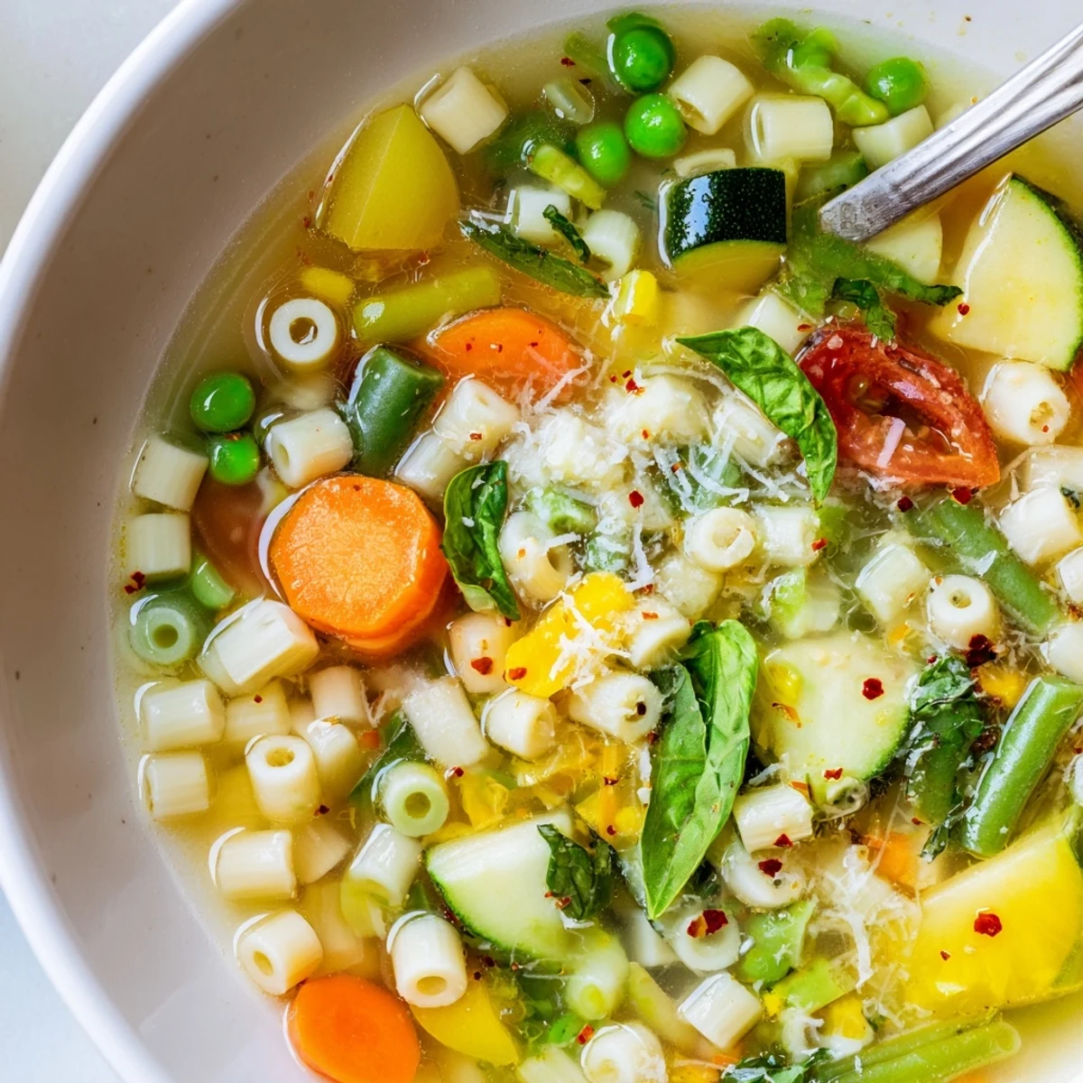 Bright Spring Minestrone Soup Recipe with tender pasta, cherry tomatoes, olive oil drizzle.  
