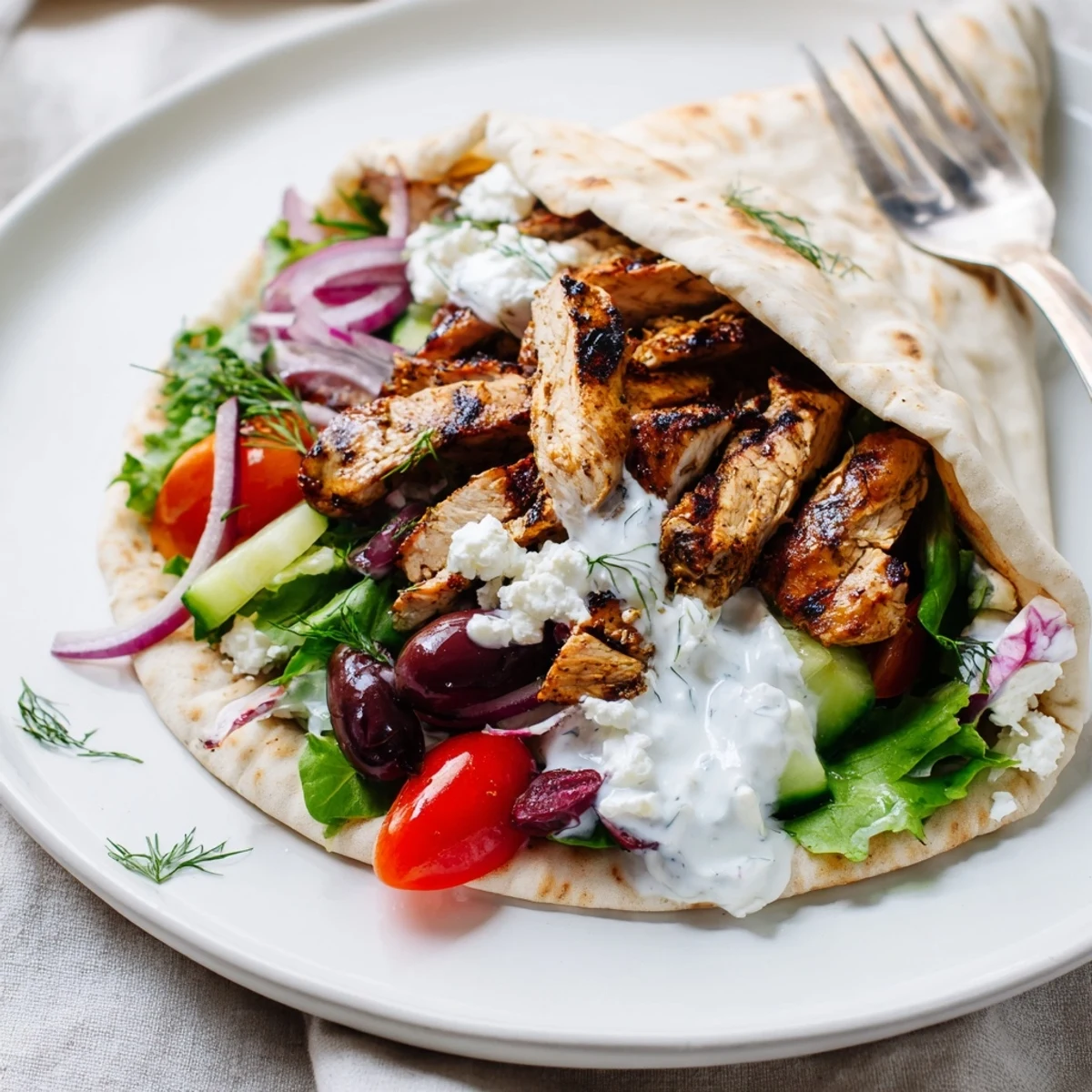 Mediterranean Chicken Pita Wraps with charred chicken, tangy yogurt, crisp cucumber slices