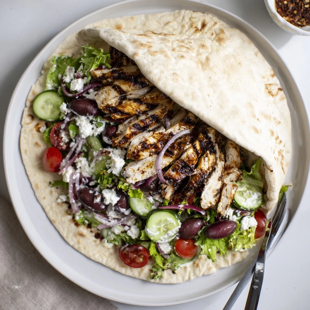 Grilled Mediterranean Chicken Pita Wraps drizzled with zesty yogurt sauce, ready to serve