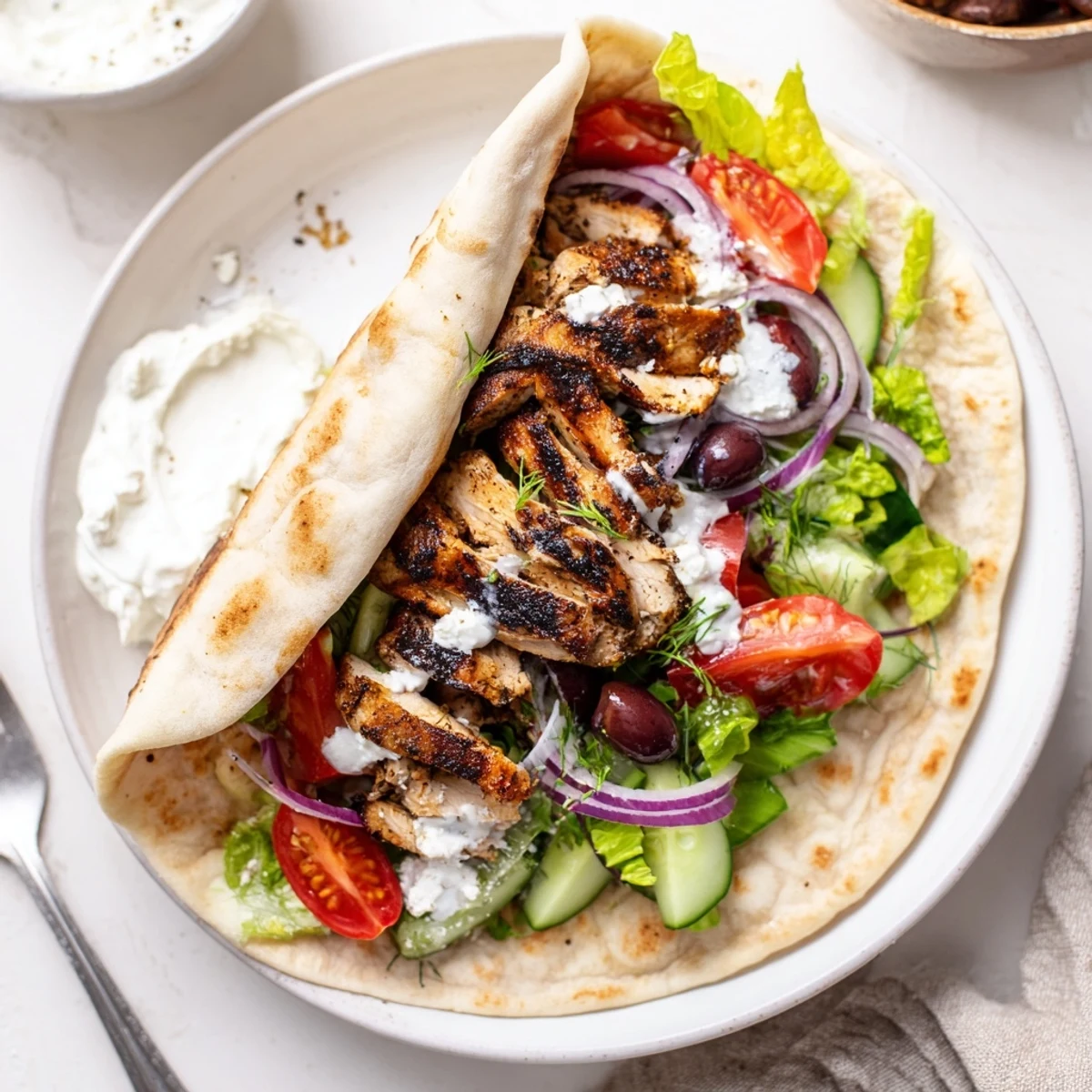 Warm Mediterranean Chicken Pita Wraps layered with feta, olives, and fresh greens