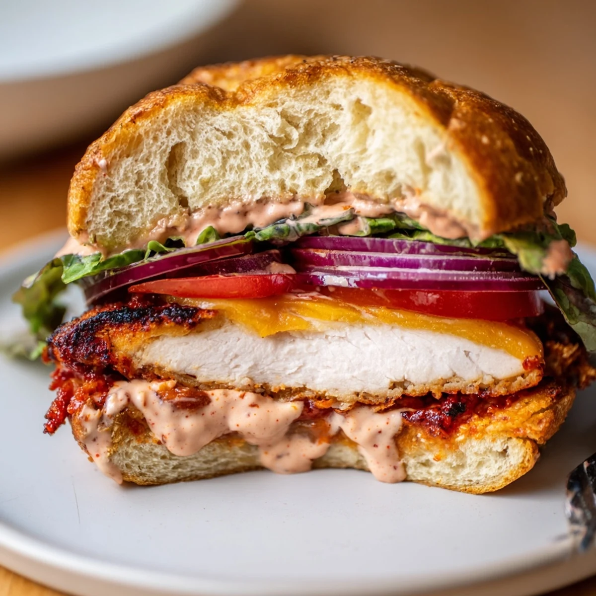 Spicy Chicken Sandwich With Creamy Sauce on toasted bun, juicy chicken visible.