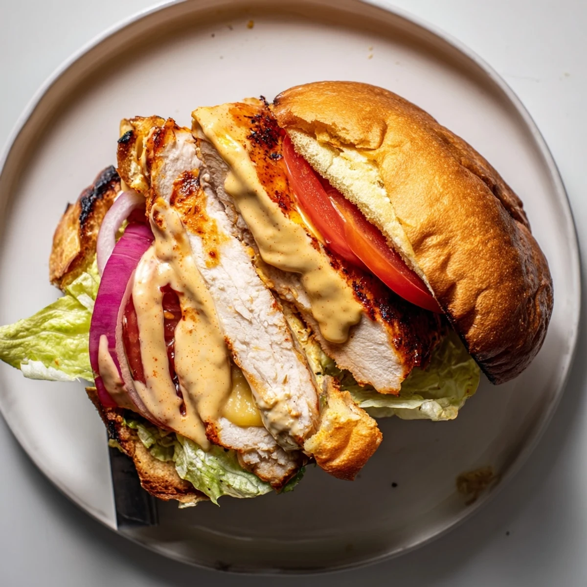 Crisp romaine crowns a Spicy Chicken Sandwich With Creamy Sauce for lunch.