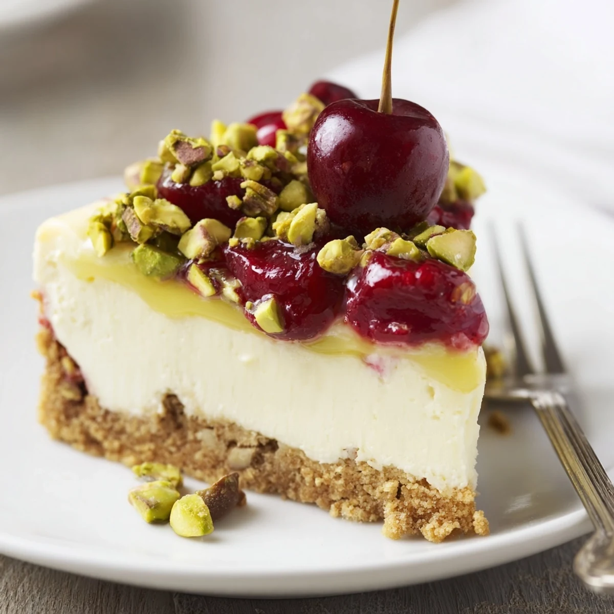 Lemon Lime Cherry Pistachio Cheesecake gleaming with bright cherries and chopped pistachios
