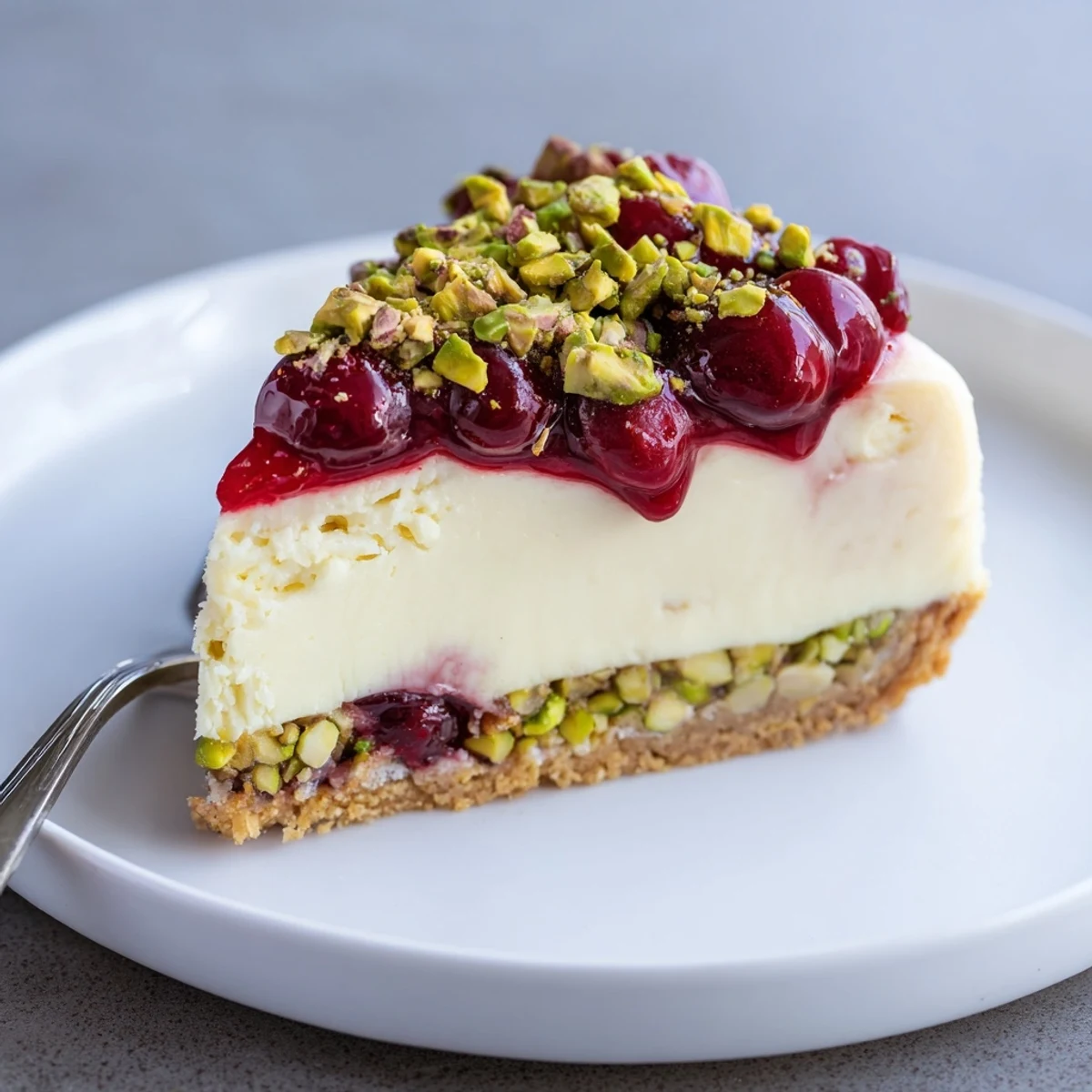 A chilled Lemon Lime Cherry Pistachio Cheesecake slice, creamy, zesty, topped with cherry compote