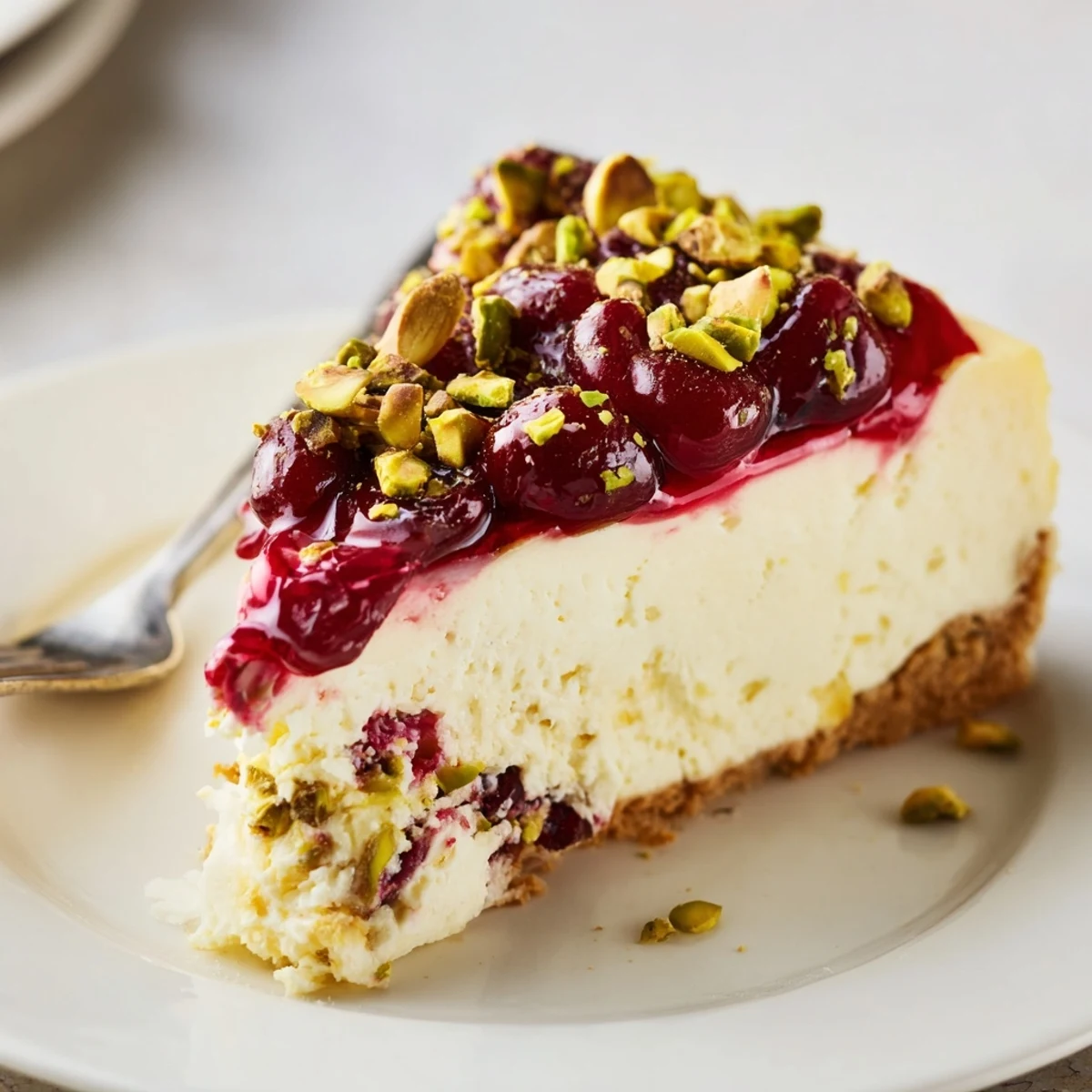 Fork-ready Lemon Lime Cherry Pistachio Cheesecake on plate, crunchy pistachio crust visible