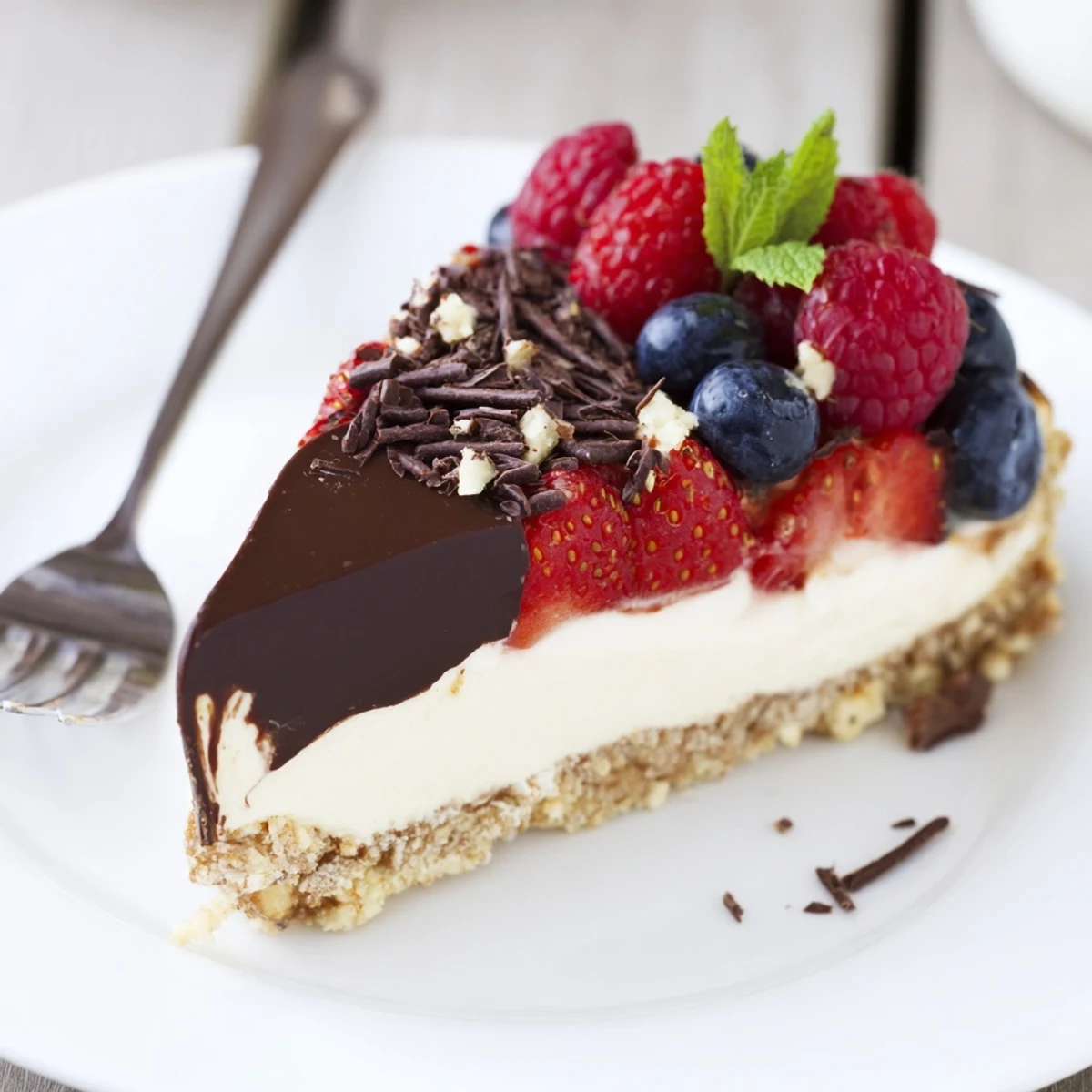 A fork ready slice of The Ultimate Dessert Recipe topped with berries, mint.