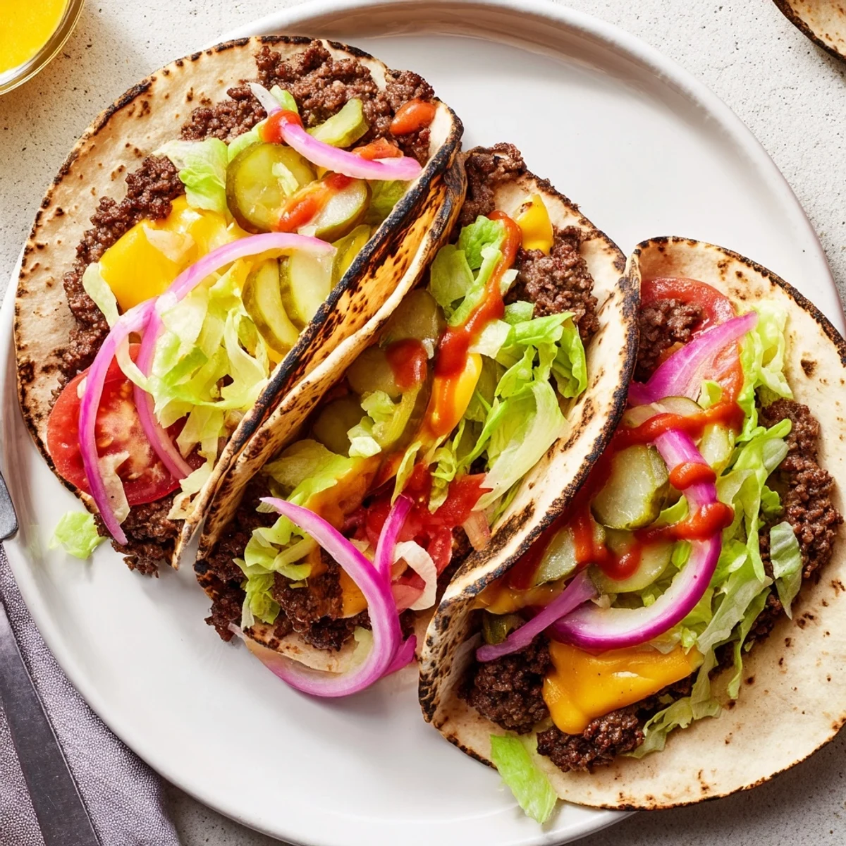 Smash Burger Tacos Recipe with crispy browned beef, melty cheddar, fresh toppings
