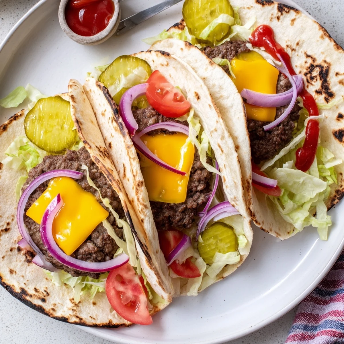 Plate of Smash Burger Tacos Recipe served hot with toasted tortillas and pickles