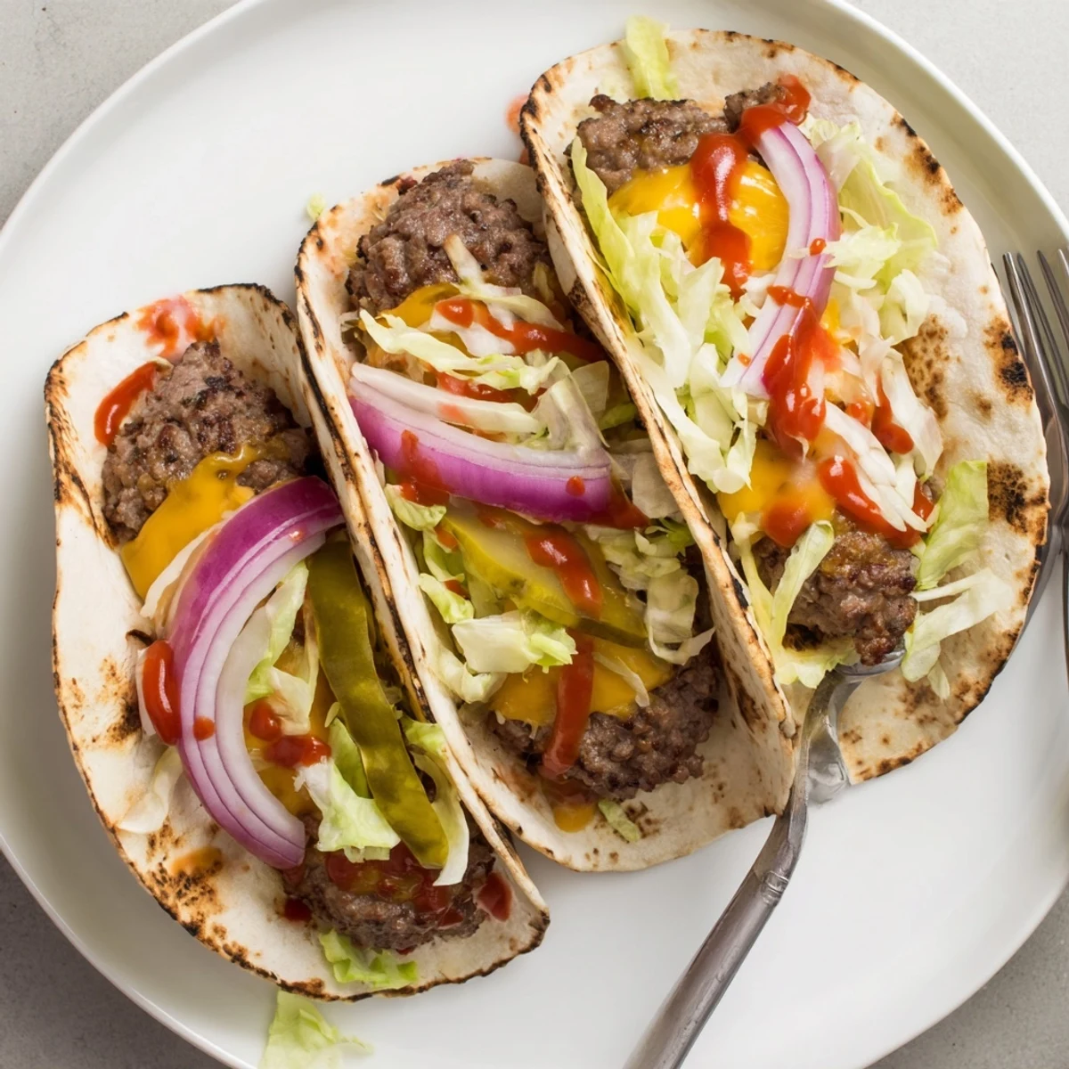 Cast-iron seared Smash Burger Tacos Recipe, folded with lettuce, tomato, burger sauce