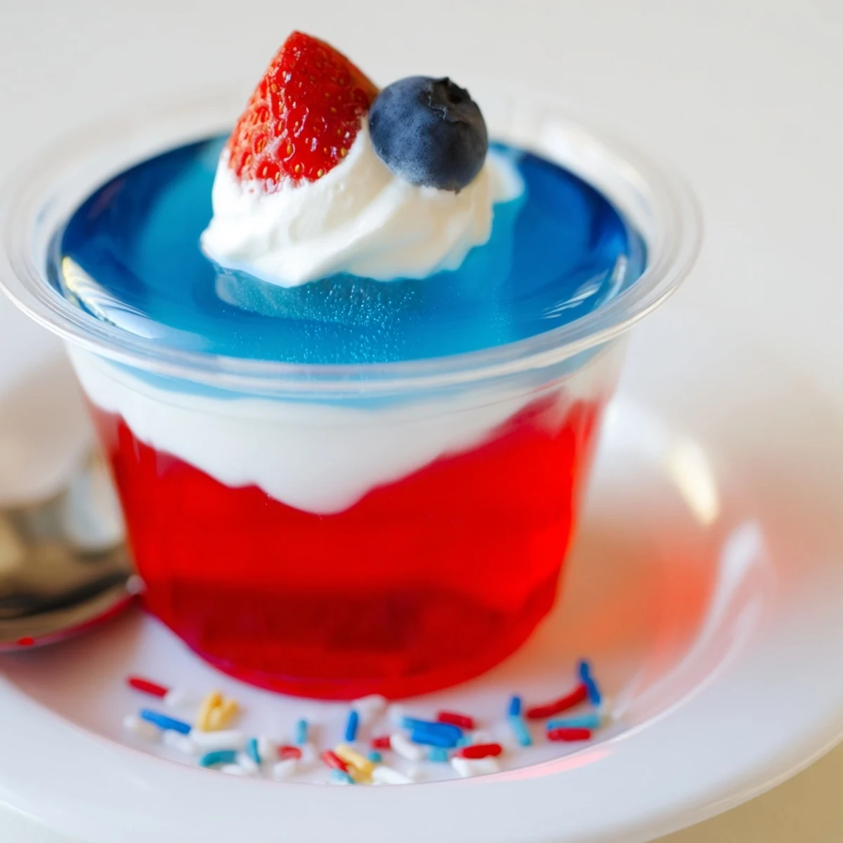 Red White And Blue Jello Cups layered in clear glasses, jiggly and chilled.