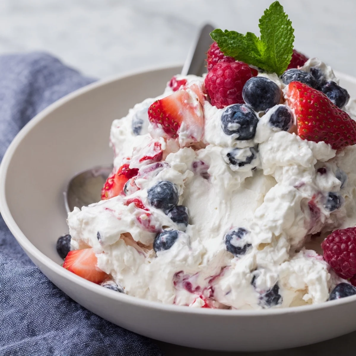 Red White Blue Cheesecake Salad in a bowl, creamy tangy, bright berries
