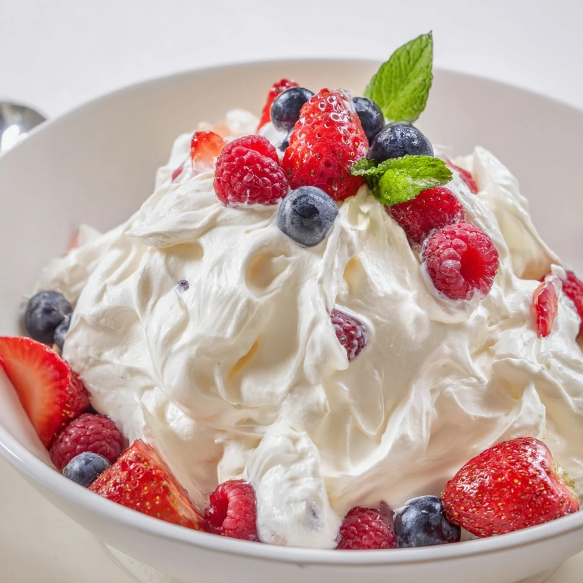 Chilled Red White Blue Cheesecake Salad topped with mint, juicy strawberries, blueberries