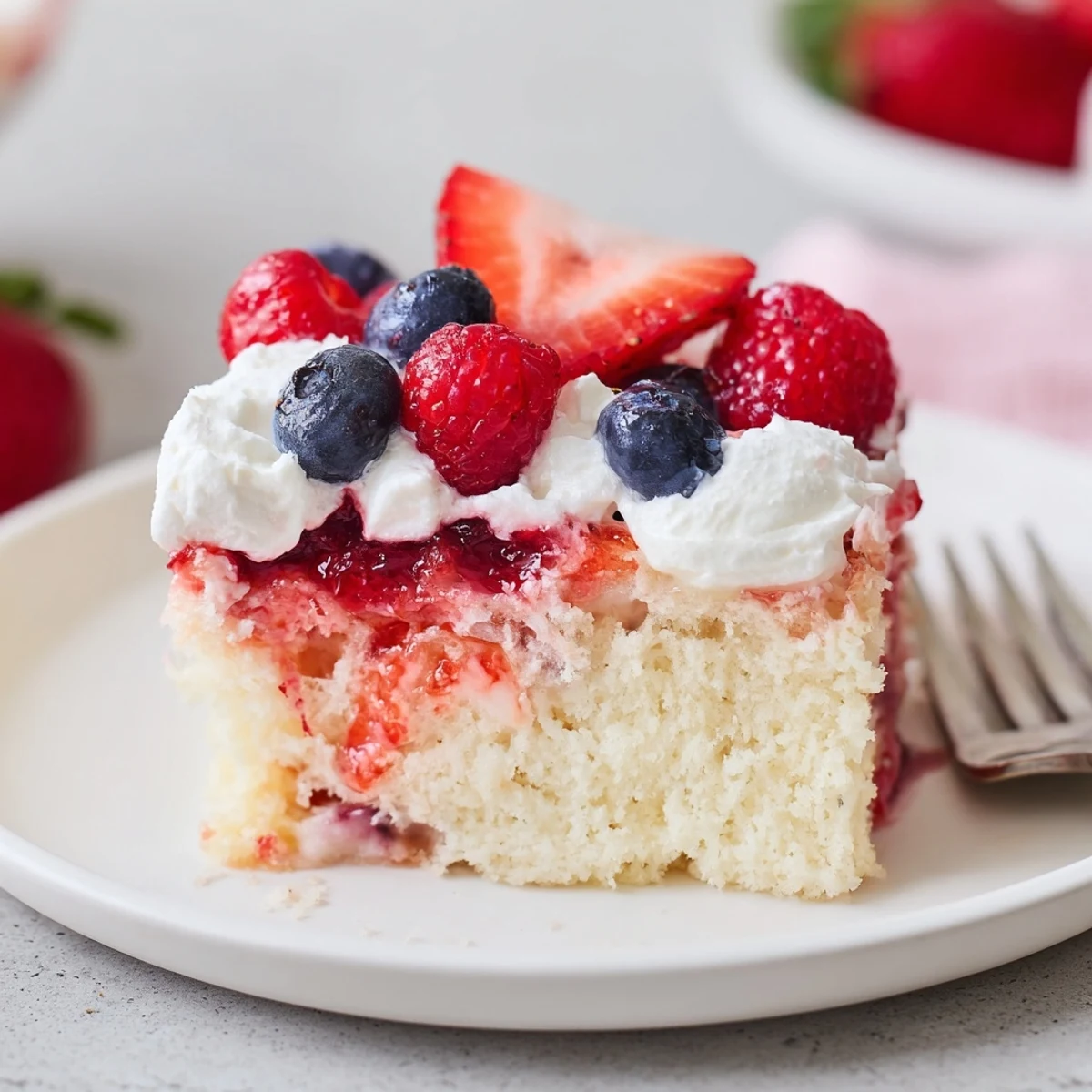 Summer Berry Poke Cake sliced, glossy berry syrup soaking into tender vanilla cake
