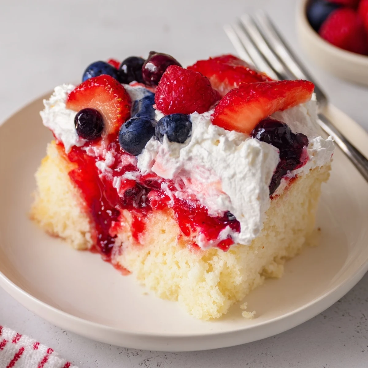 Chilled Summer Berry Poke Cake topped with fluffy whipped cream and abundant berries