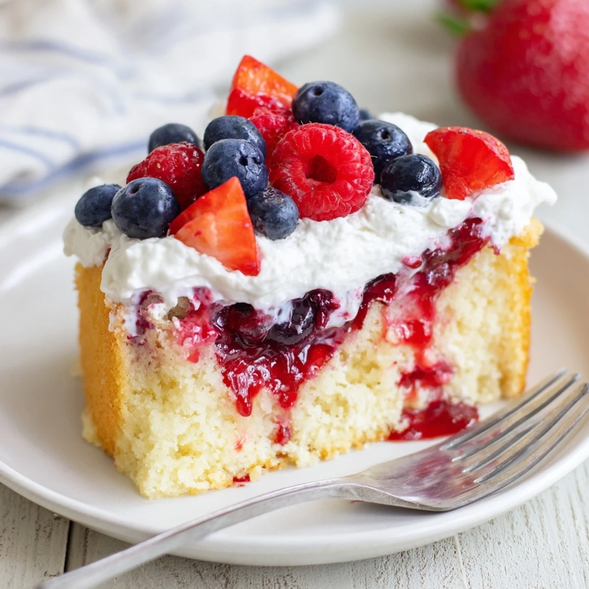 Summer Berry Poke Cake showing syrup-soaked holes, chilled slice garnished with fresh mint