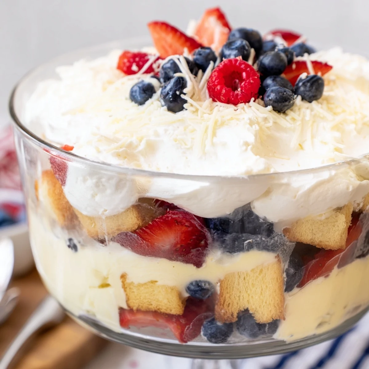 Red White And Blue Trifle with fresh berries, creamy layers, chilled party dessert