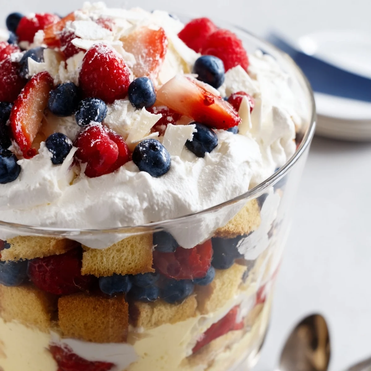 Festive Red White And Blue Trifle topped with vibrant strawberries and blueberries