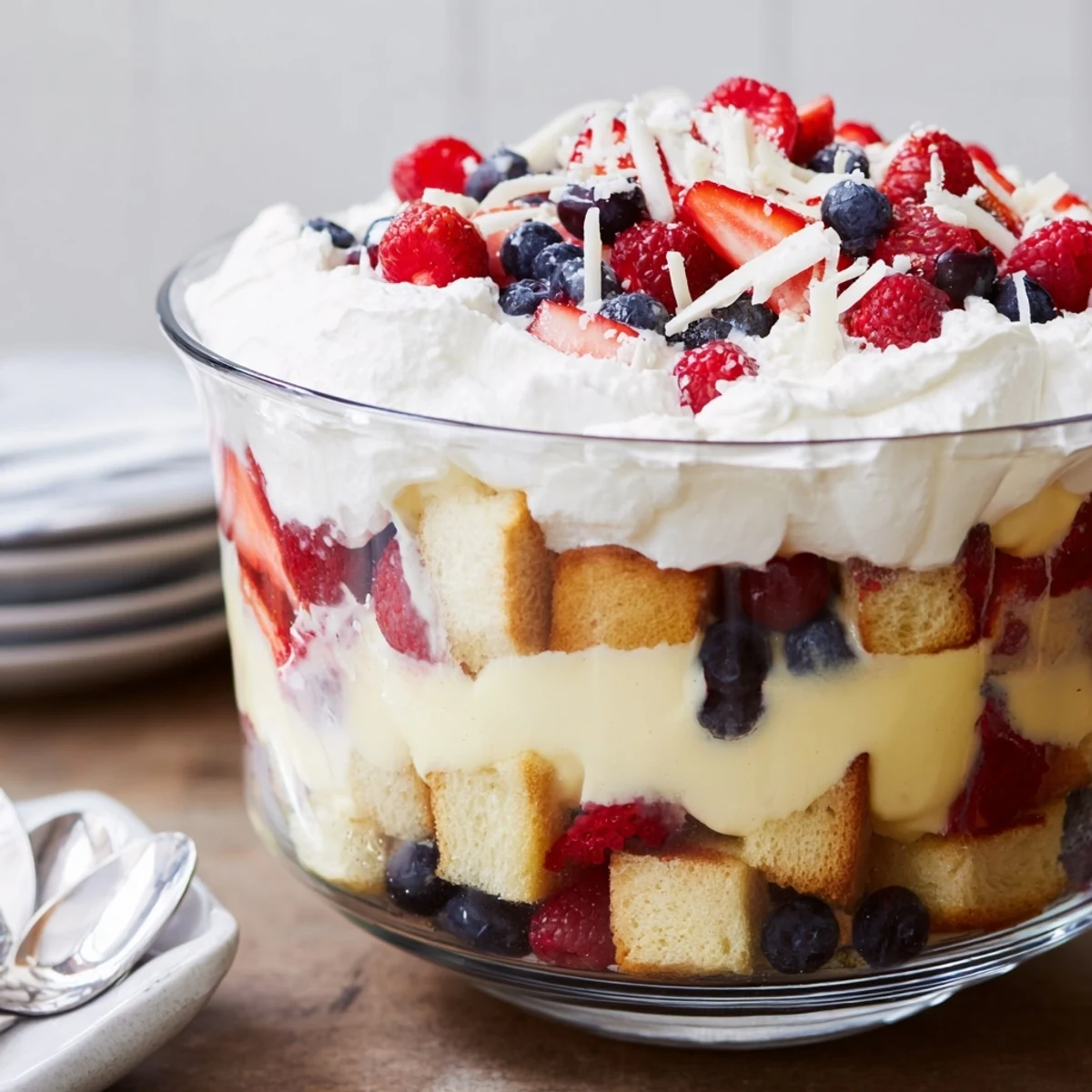 Ready to serve Red White And Blue Trifle in clear glass bowl, whipped cream