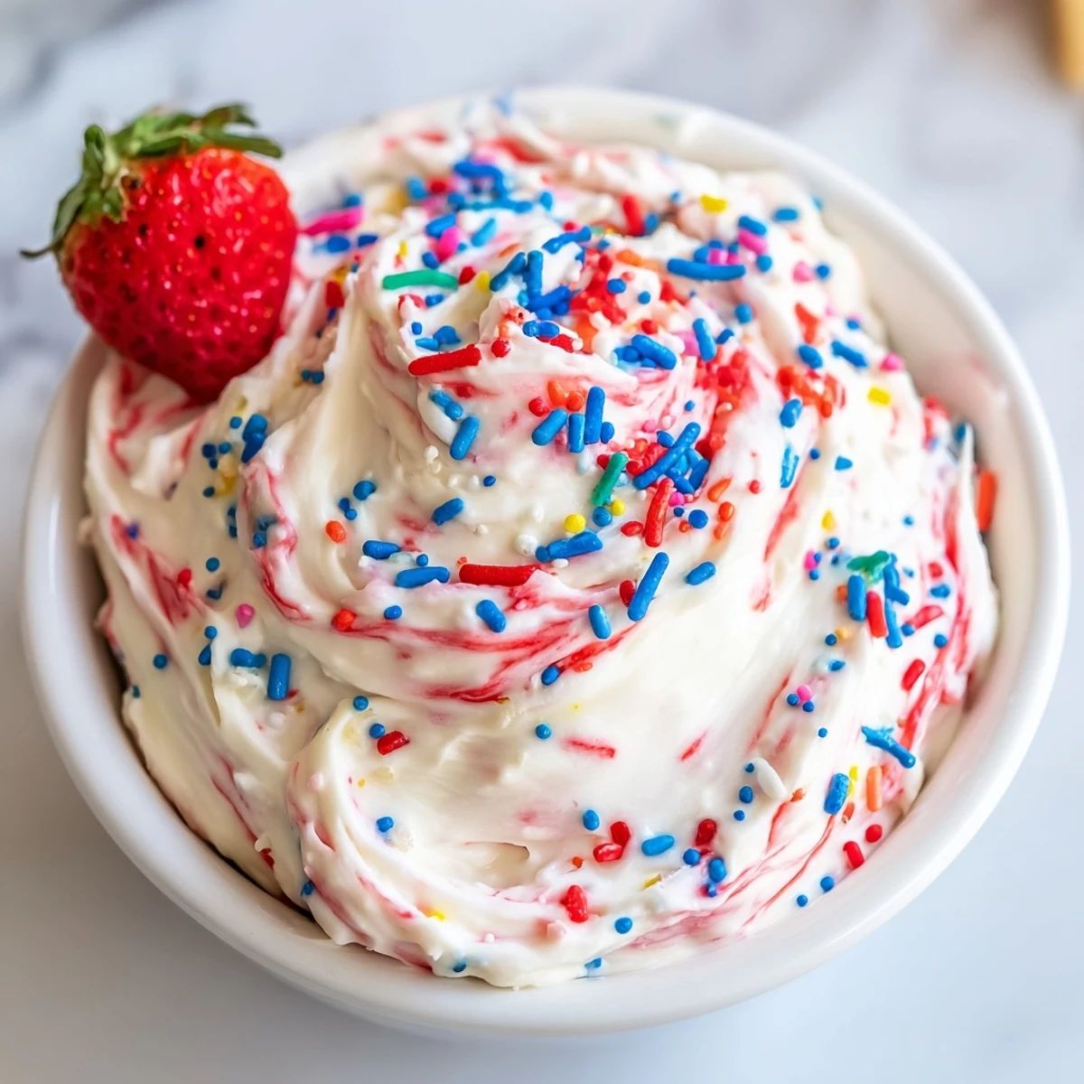 Red White And Blue Funfetti Dip in bowl, creamy vanilla studded with sprinkles