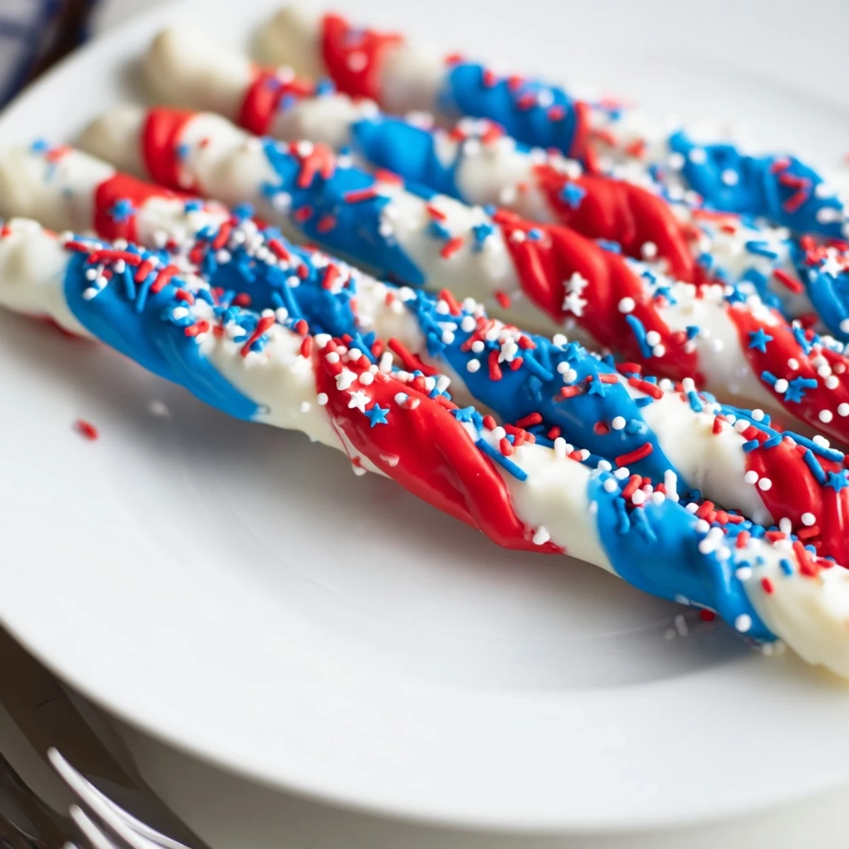 Stacked Patriotic Pretzel Rods in cellophane gift bags, sprinkled, ready for parties