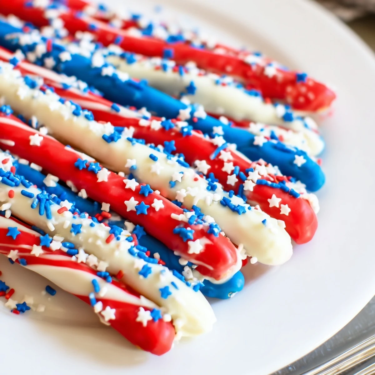 Patriotic Pretzel Rods drizzled red, white, and blue, cooled on parchment