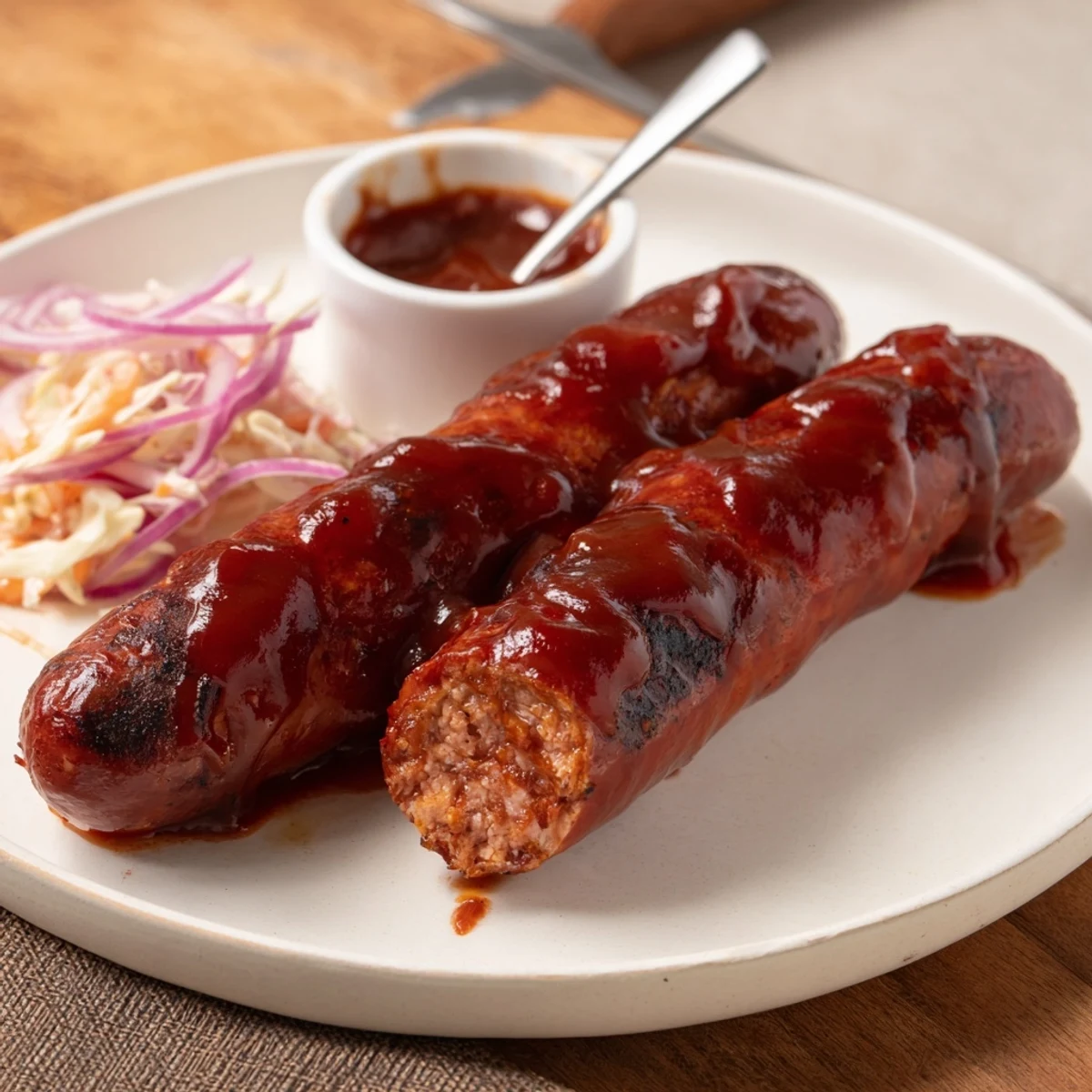 Smoky BBQ Sausage Recipe on toasted buns, topped with pickles and onions.