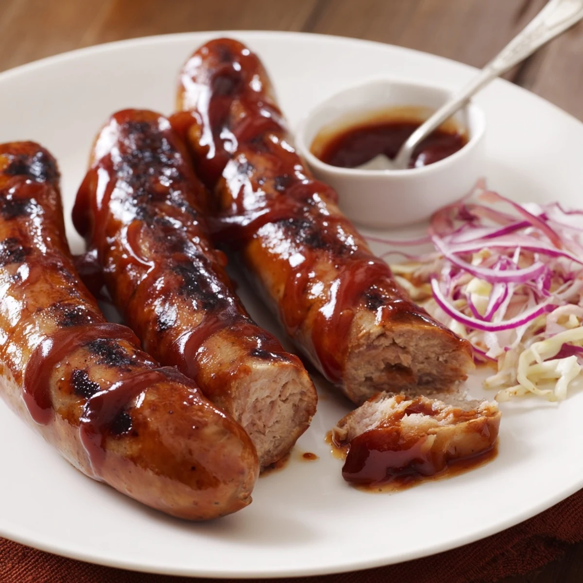 Hot, juicy BBQ Sausage Recipe glazed and sizzling on a backyard grill.