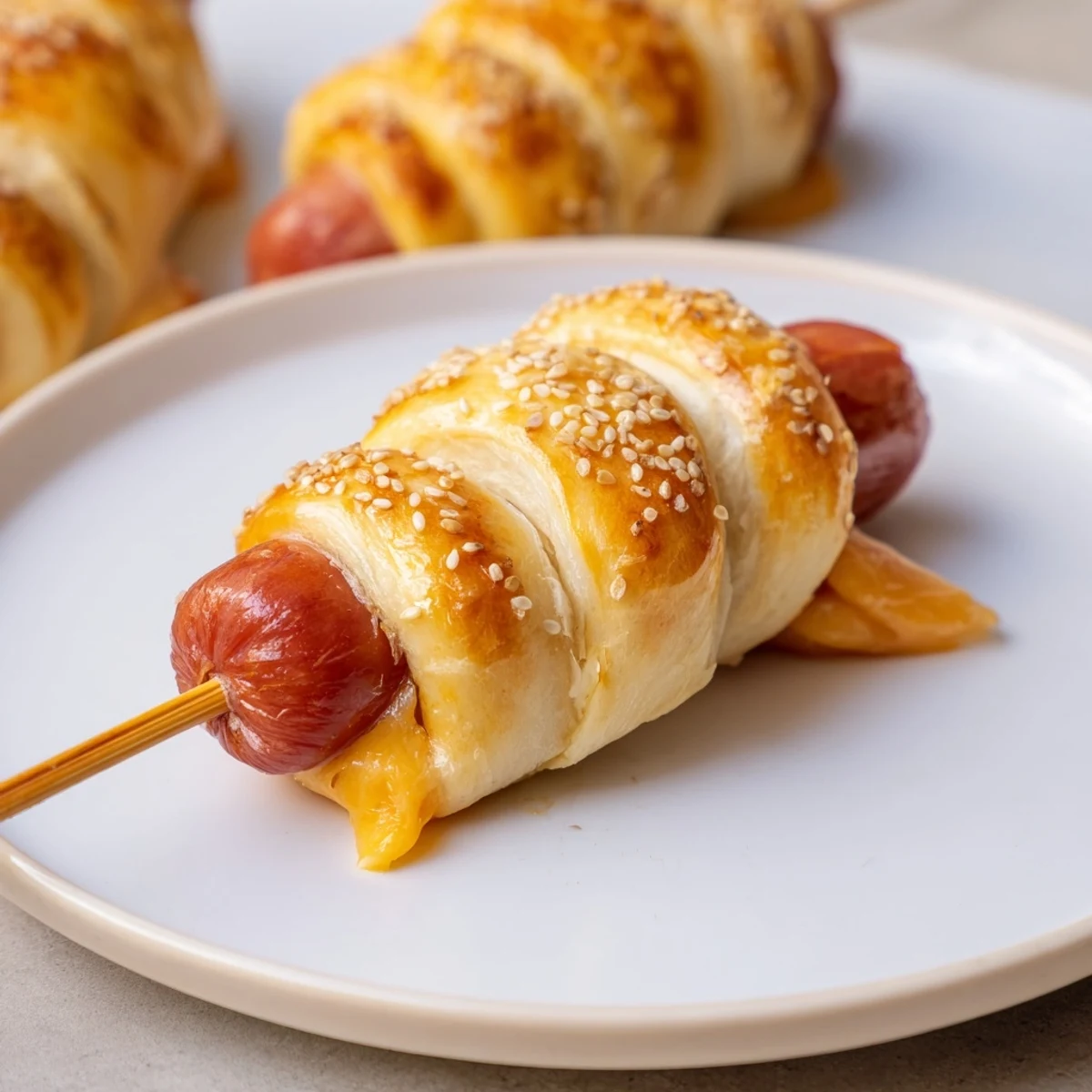 Baked Firecracker Hot Dogs Recipe on skewers, crisp edges, melty cheddar inside.