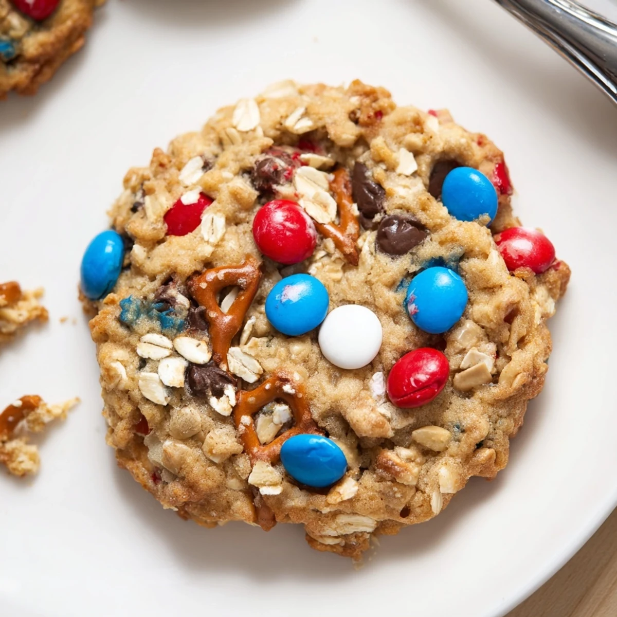 Stack of Patriotic Monster Cookies Recipe served on plate, melty chocolate chips