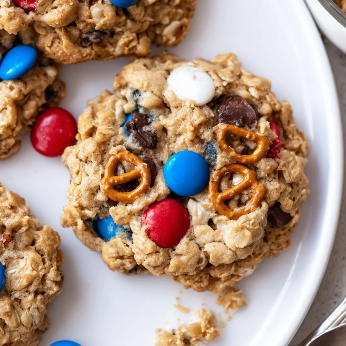 Warm Patriotic Monster Cookies Recipe with chewy oats, peanut butter, and colorful candies