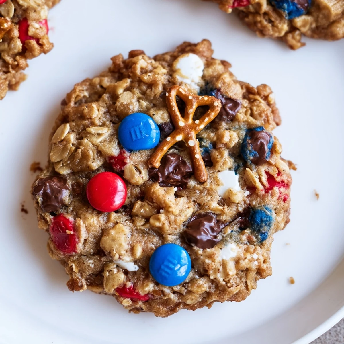 Fresh baked Patriotic Monster Cookies Recipe cooling on rack, salty pretzel crunch