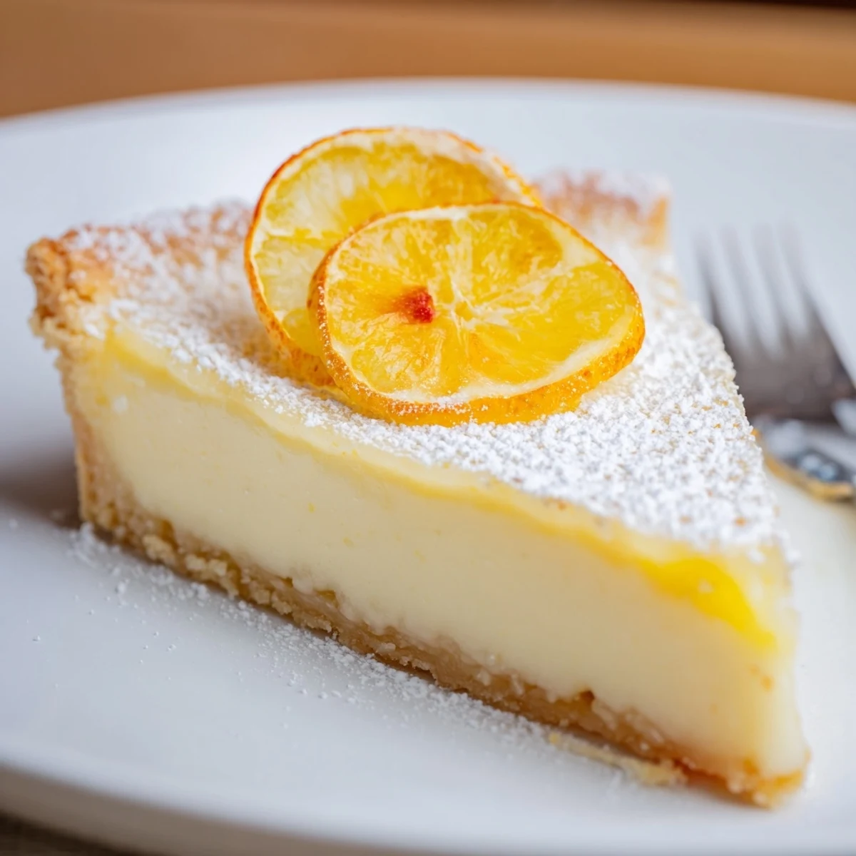 Chilled Creamy Lemon Tart Recipe dusted with powdered sugar, fresh berries.