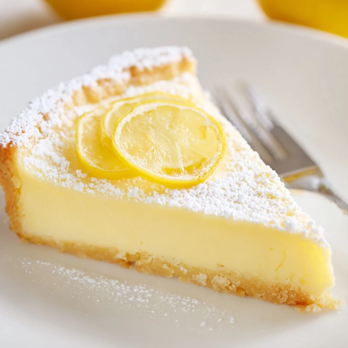 Slice of Creamy Lemon Tart Recipe showing glossy filling, crisp golden crust.