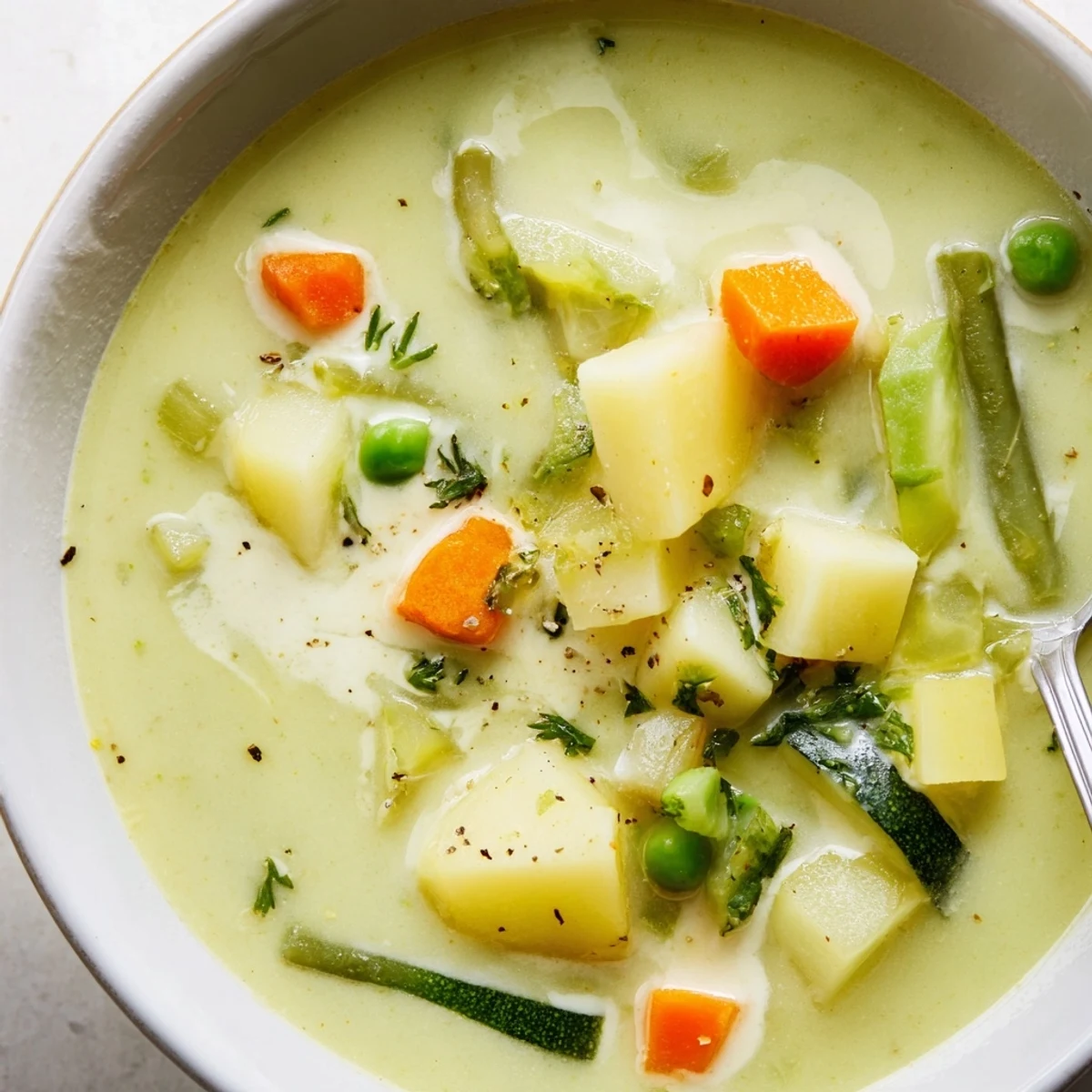 Creamy Vegetable Soup Recipe in white bowl, steaming with silky cream and chives